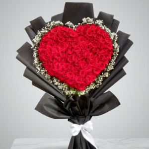 Heart-Shaped Red Rose Bouquet with Gypsophila