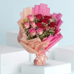Pink & Red Rose Bouquet with Gypsophila