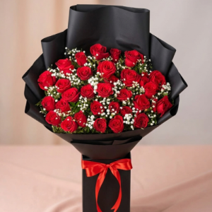 Red Rose Bouquet in Black Wrap