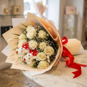 White Rose Bouquet with Teddy Bear