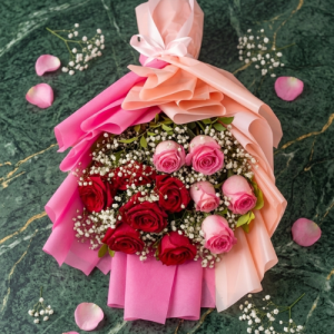 Romantic Mixed Rose Bouquet in Pink Wrap