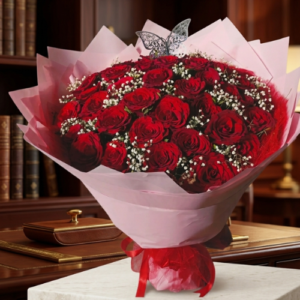 Elegant Deep Red Rose & Baby’s Breath Butterfly Bouquet